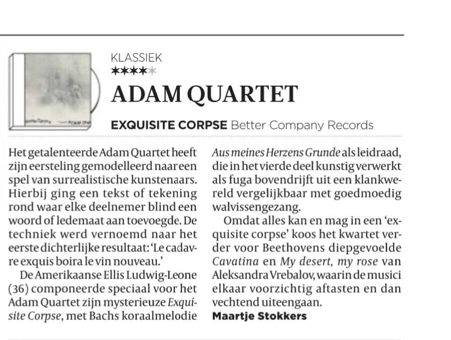 Lovende woorden voor Adam Quartet in de Volkskrant