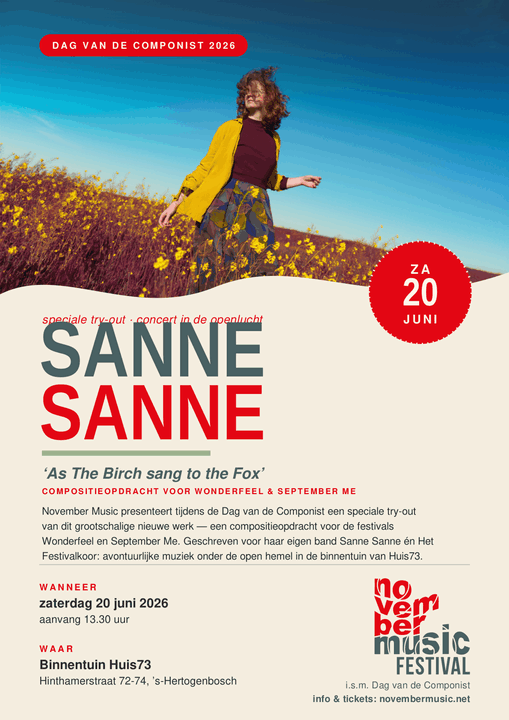 November Music Presenteert - 20 juni - Sanne Sanne Live - Dag van de Componist - Huis73